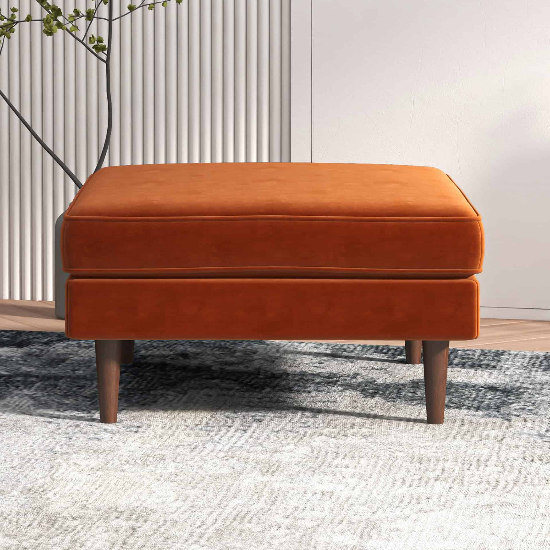 Orange Velvet Mid-Century Ottoman with Solid Wood Legs