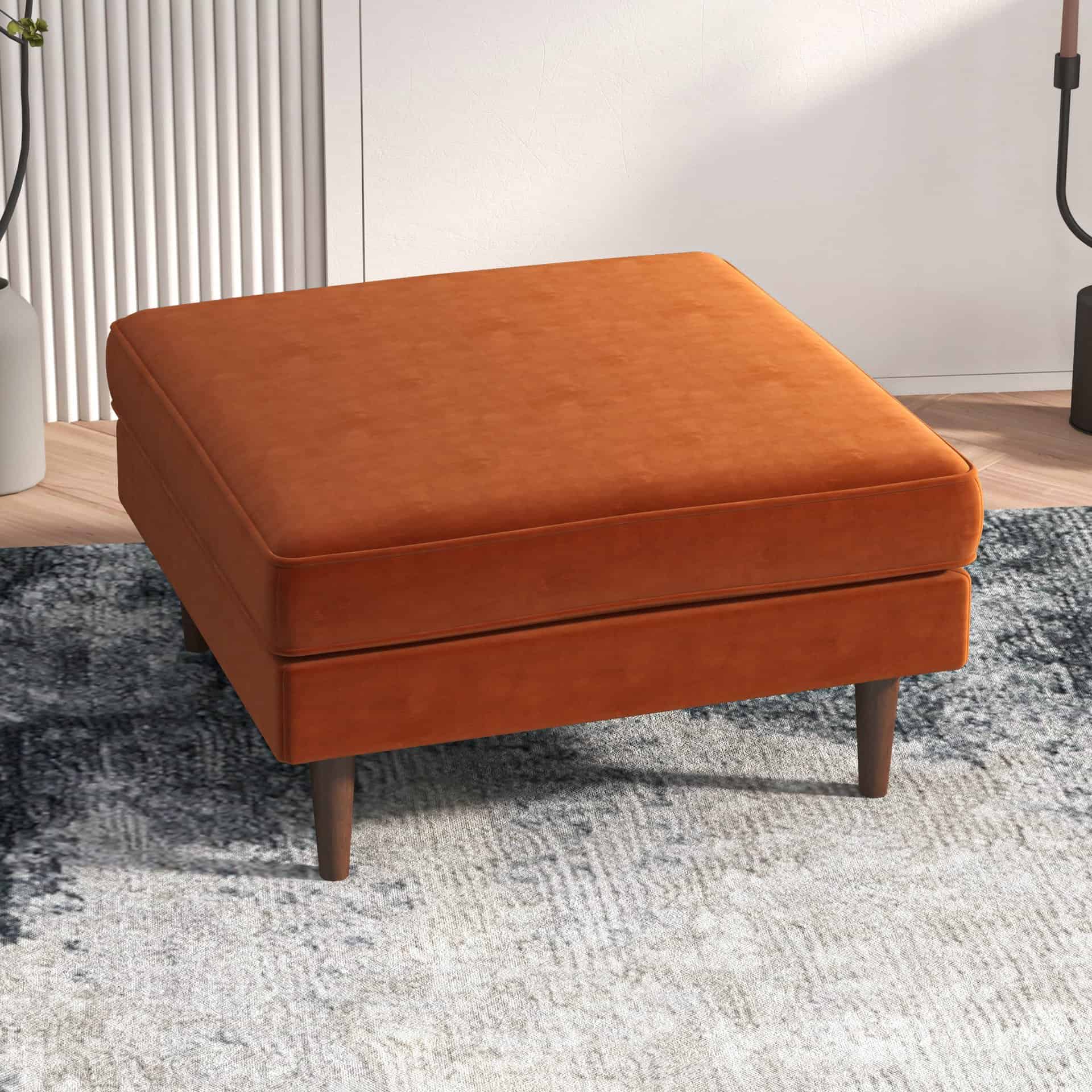 Orange Velvet Mid-Century Ottoman with Solid Wood Legs