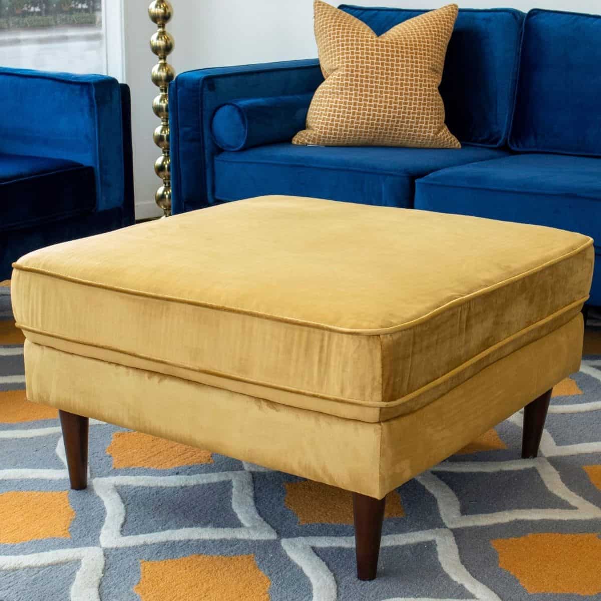 Yellow Velvet Mid-Century Modern Ottoman with Solid Wood Legs