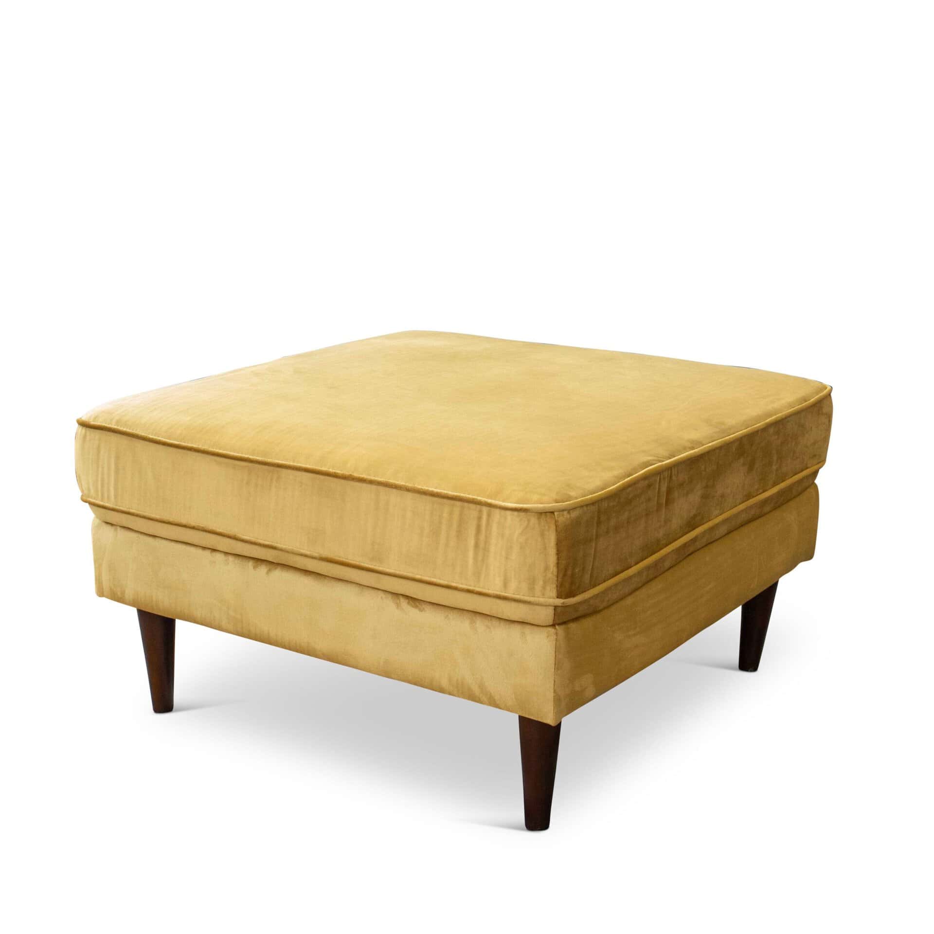 Yellow Velvet Mid-Century Modern Ottoman with Solid Wood Legs
