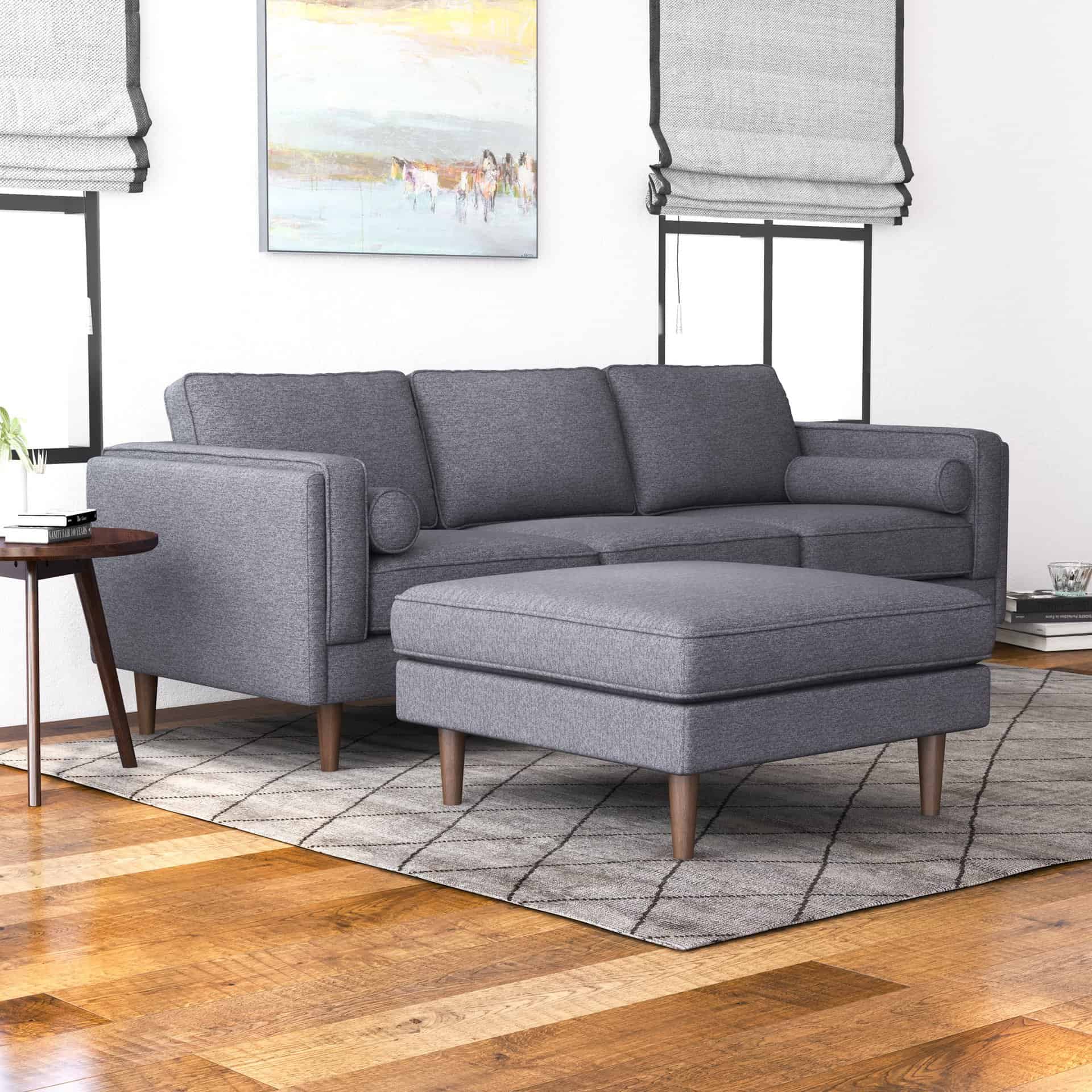 Mid-Century Grey Linen Ottoman with Solid Wood Legs