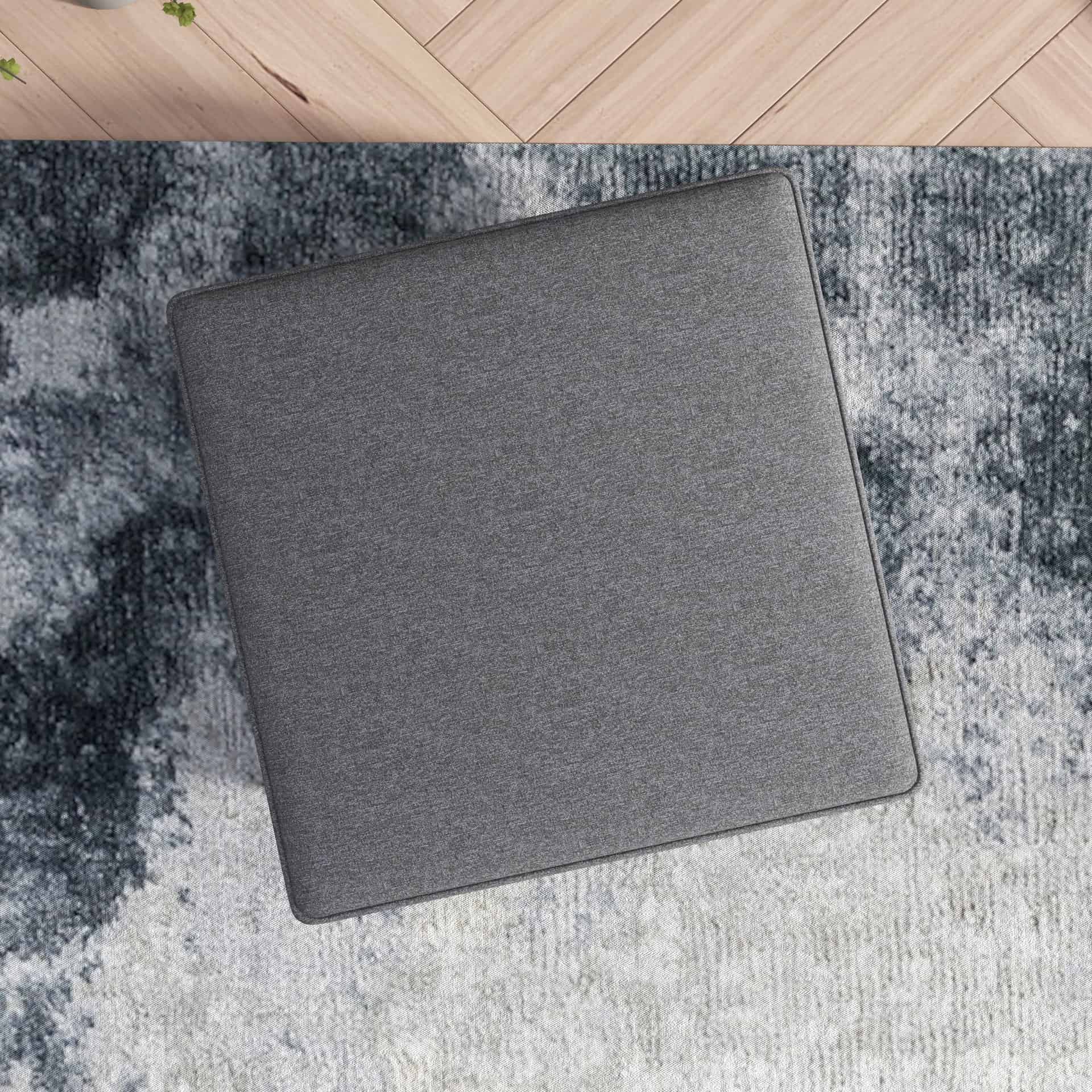 Mid-Century Grey Linen Ottoman with Solid Wood Legs