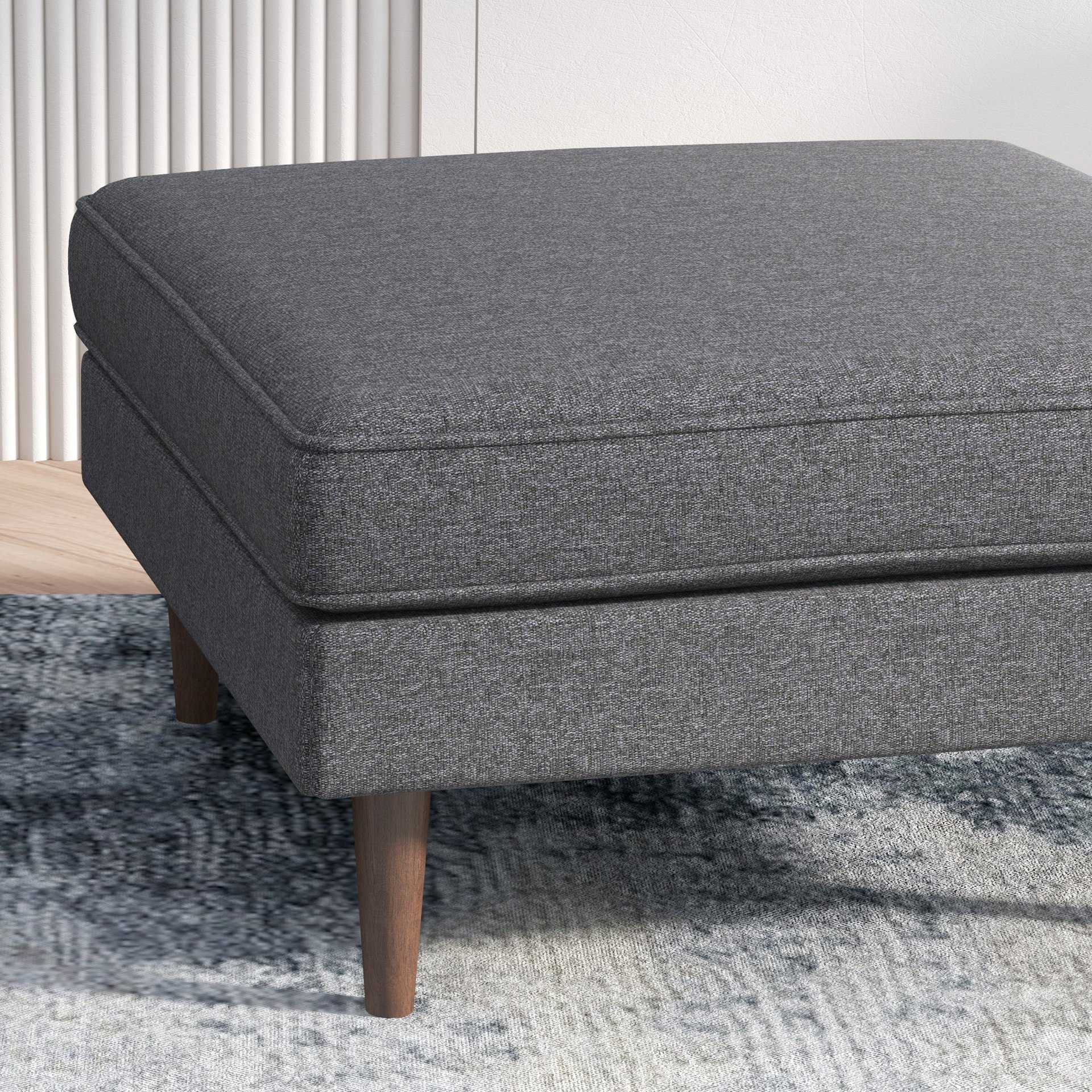 Mid-Century Grey Linen Ottoman with Solid Wood Legs