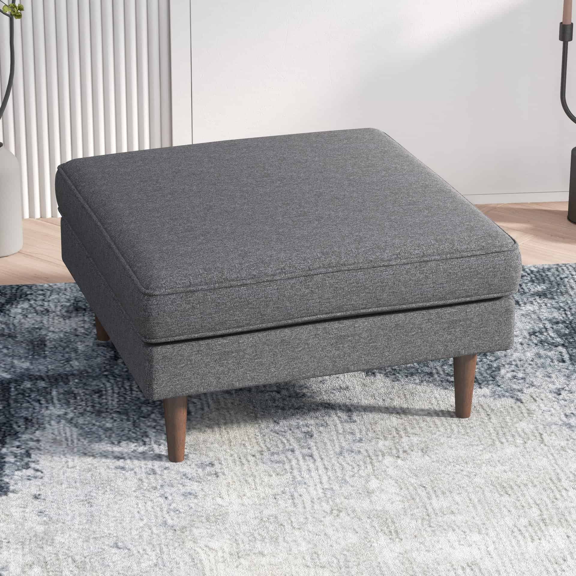 Mid-Century Grey Linen Ottoman with Solid Wood Legs