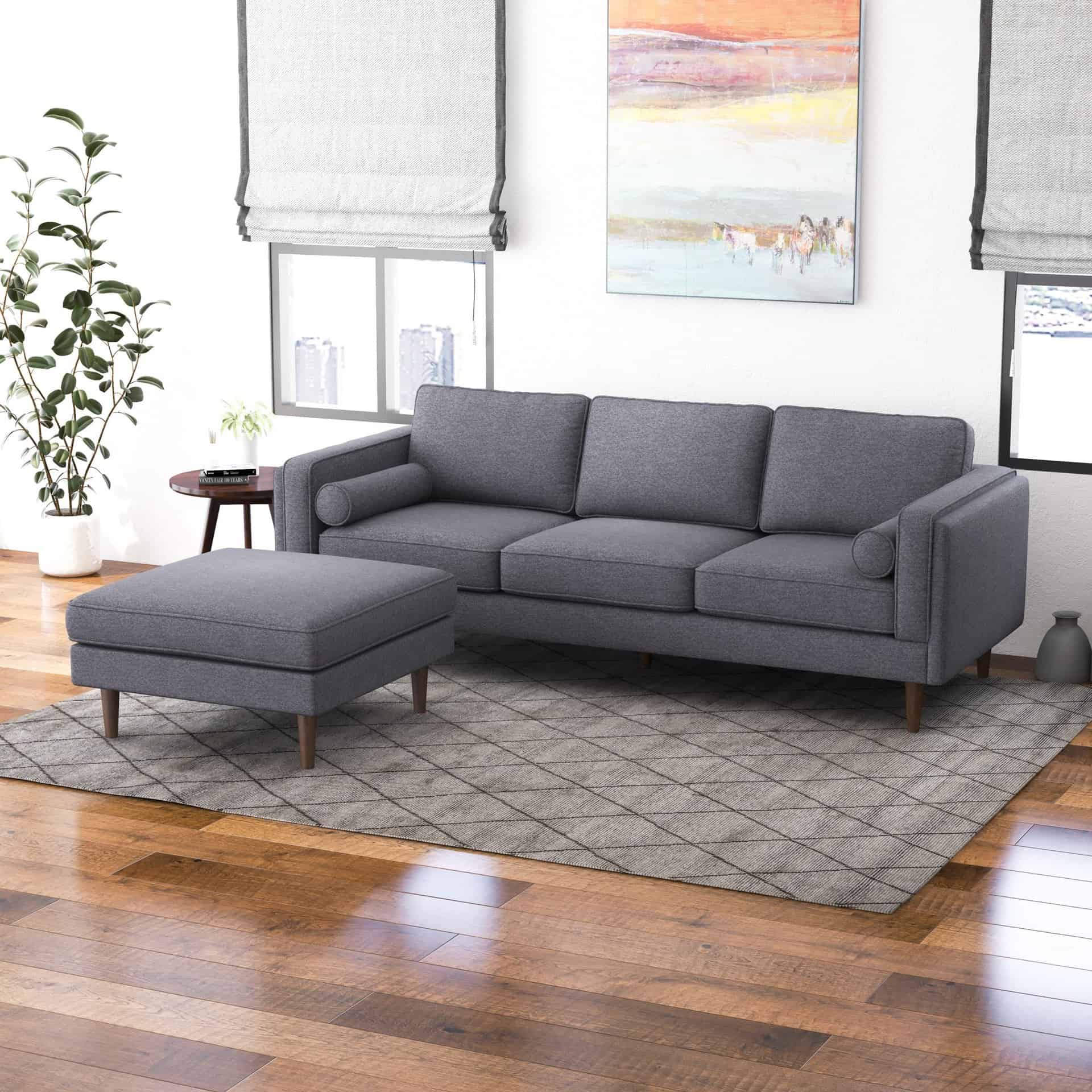 Mid-Century Grey Linen Ottoman with Solid Wood Legs