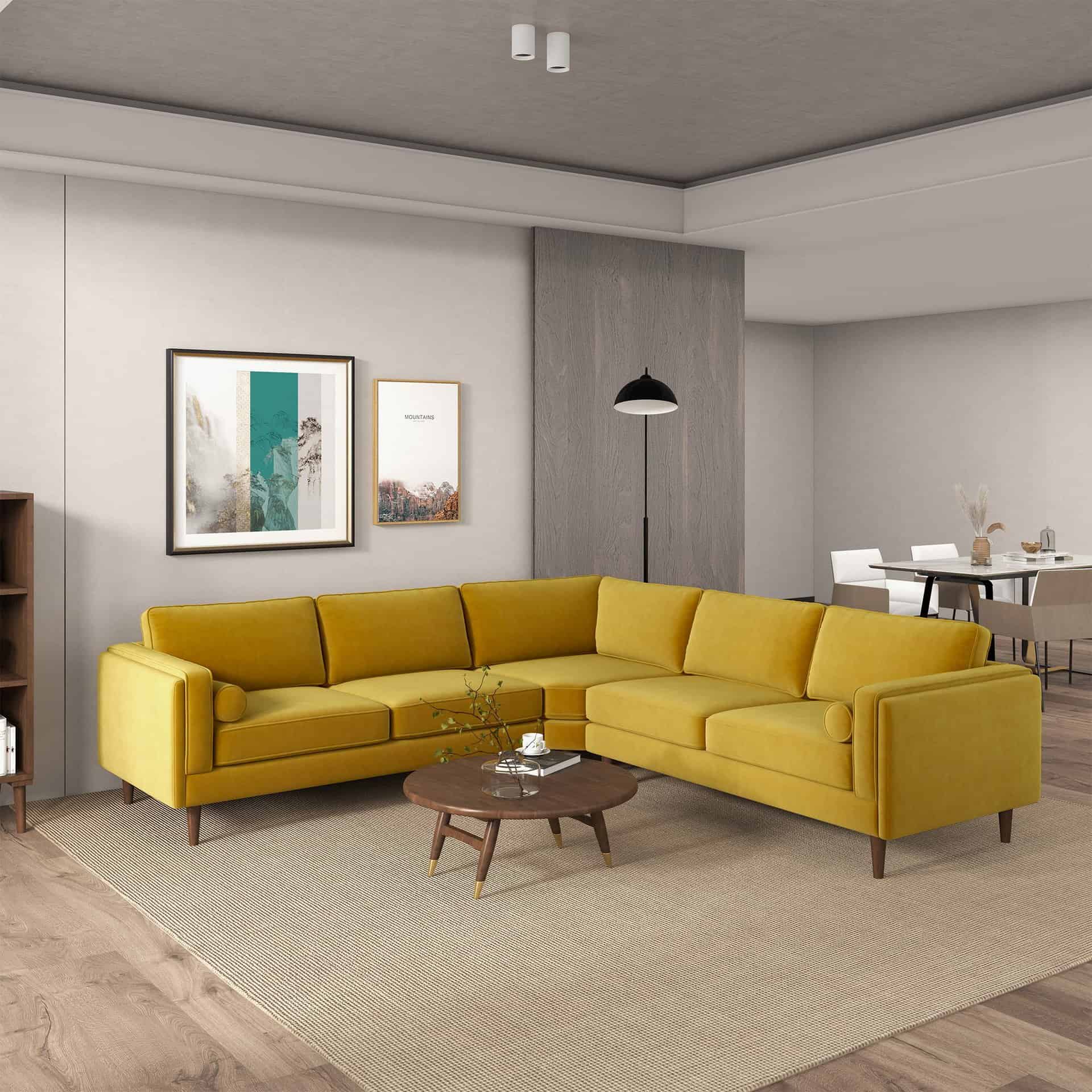 Yellow Velvet Corner Sectional Sofa with Mid-Century Design