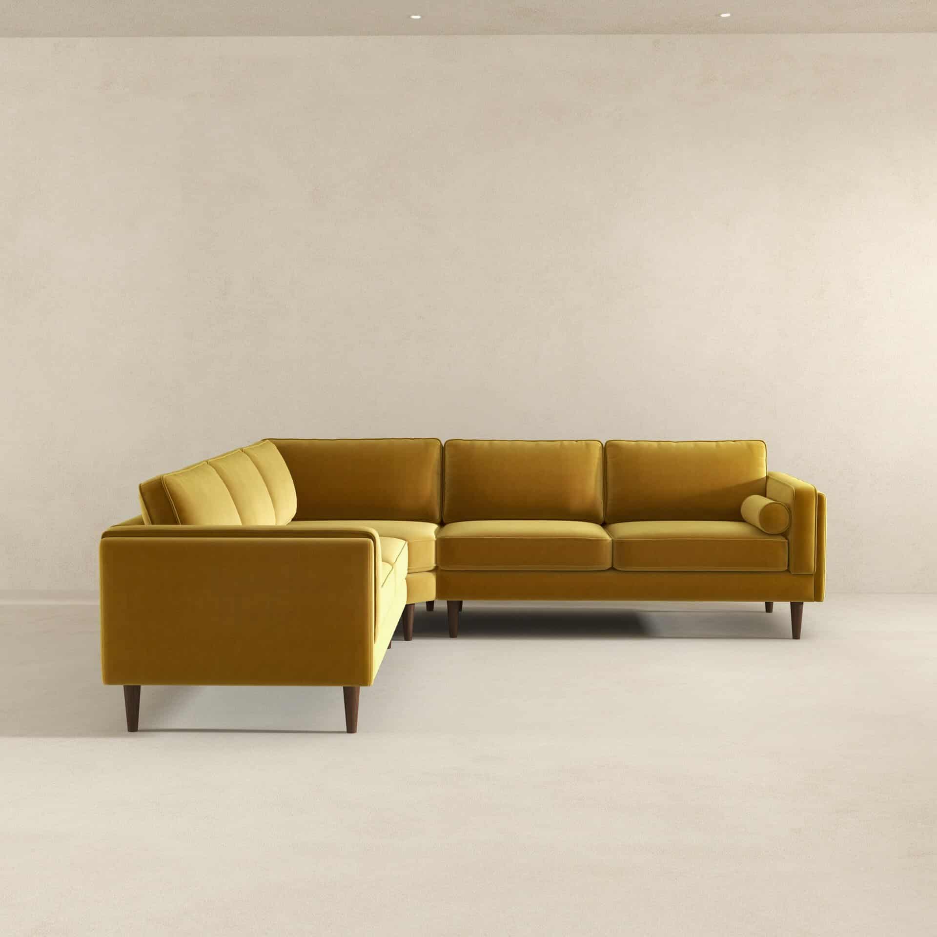 Yellow Velvet Corner Sectional Sofa with Mid-Century Design