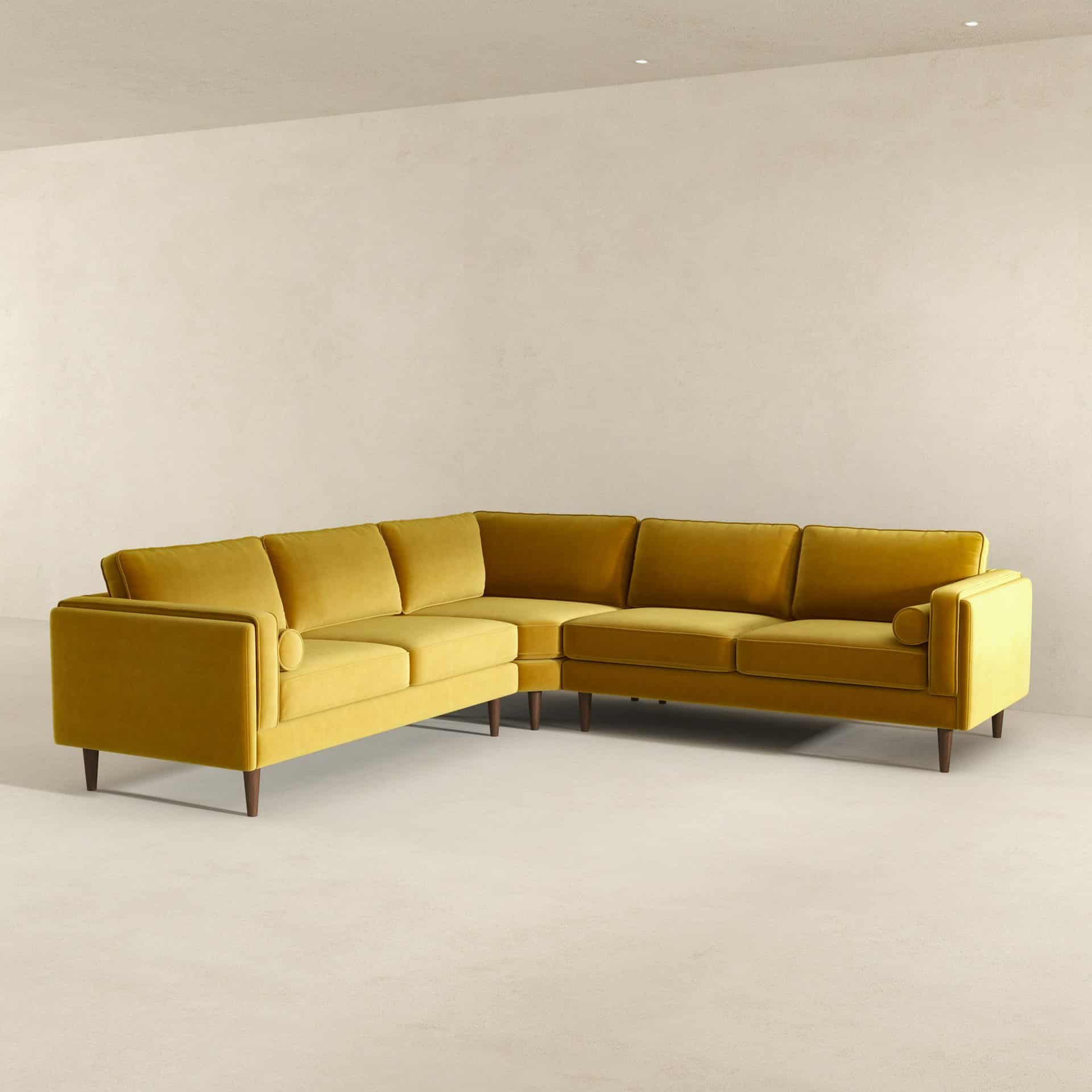 Yellow Velvet Corner Sectional Sofa with Mid-Century Design