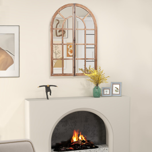 Rustic Arched Windowpane Farmhouse Wall Mirror with Metal Accent