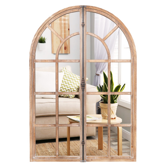 Rustic Arched Windowpane Farmhouse Wall Mirror with Metal Accent