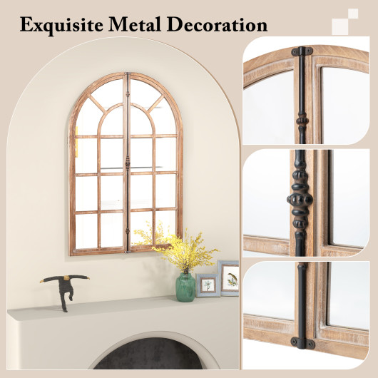 Rustic Arched Windowpane Farmhouse Wall Mirror with Metal Accent