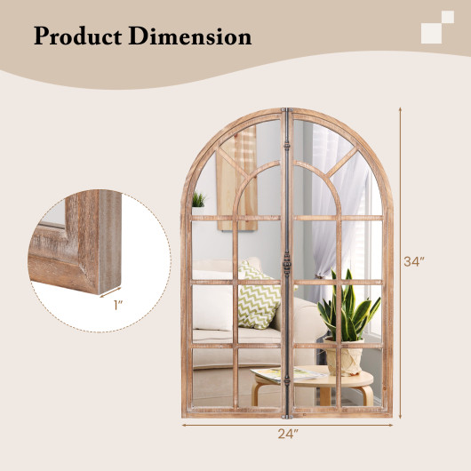 Rustic Arched Windowpane Farmhouse Wall Mirror with Metal Accent
