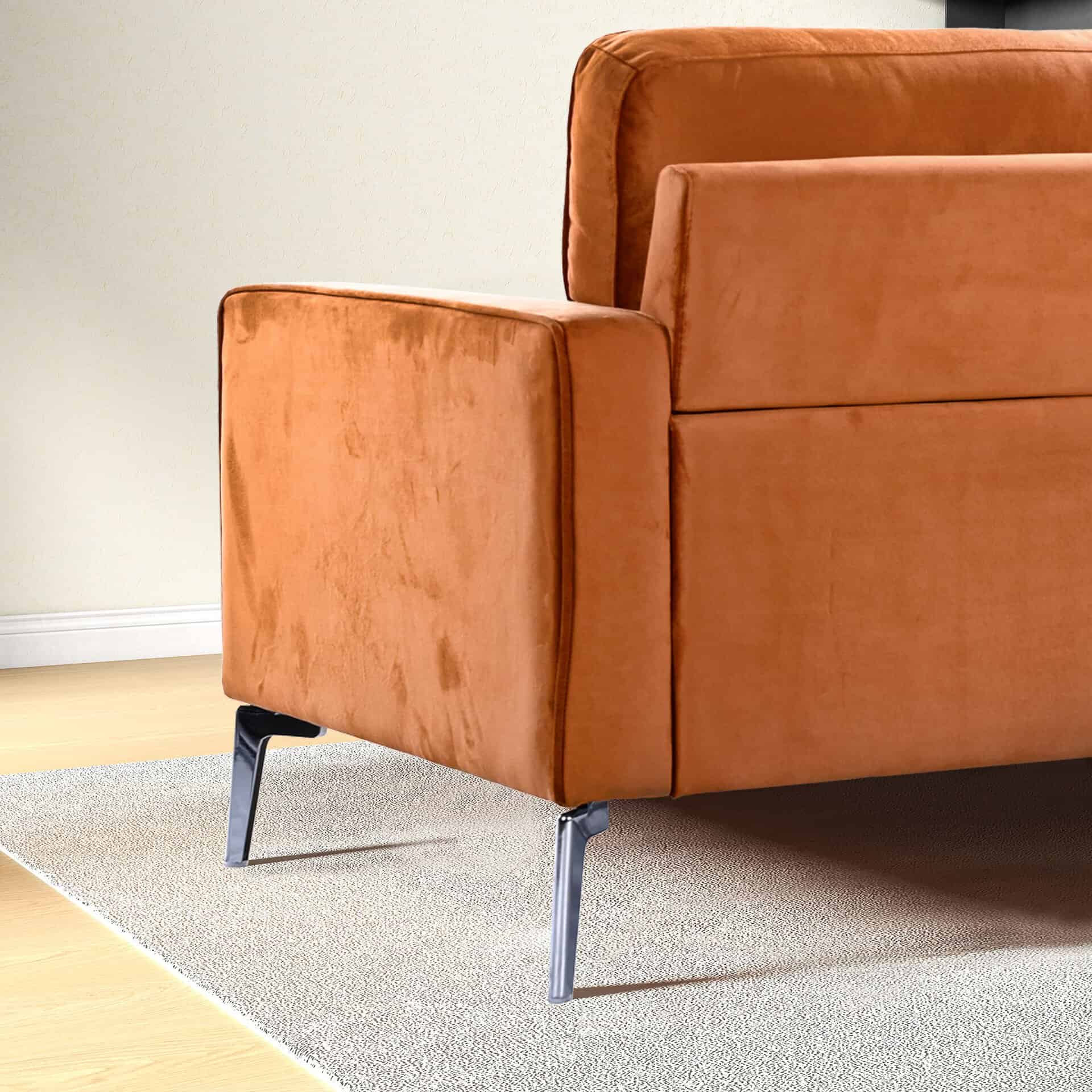 Orange Velvet Mid-Century Modern Three-Seater Sofa