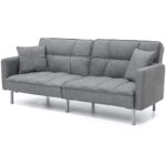 Modern Grey Linen Split-Back Convertible Futon Sofa Bed Couch