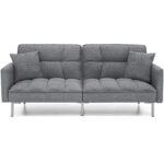 Modern Grey Linen Split-Back Convertible Futon Sofa Bed Couch