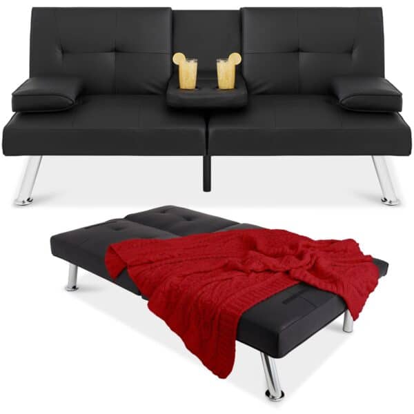 Black Faux Leather Convertible Futon Sofa with Cup Holders