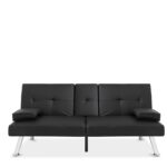 Black Faux Leather Convertible Futon Sofa with Cup Holders