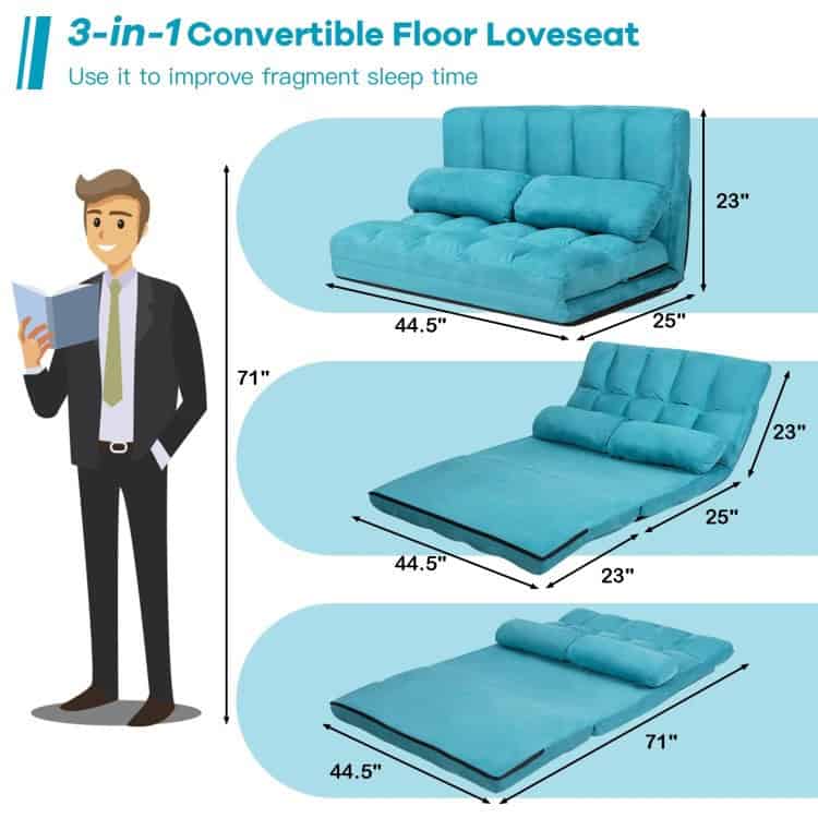 Teal Blue Foldable 5-Tilt Floor Sofa Bed with Pillows