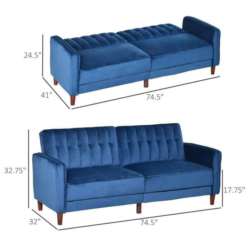 Mid-Century Modern Blue Velvet Futon Sleeper Sofa Bed