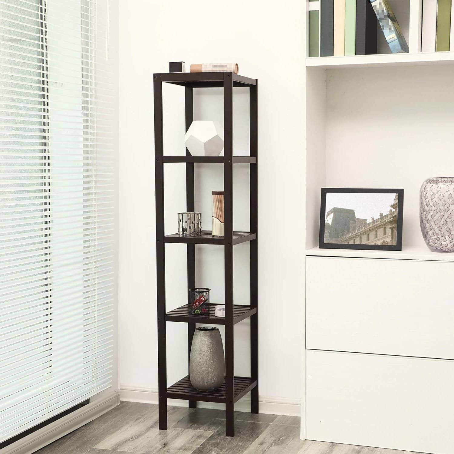 Brown Bamboo 4-Shelf Narrow Versatile Storage Rack Bookcase - Image 5