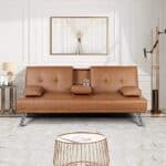 Brown Faux Leather Convertible Sofa Bed with Cup Holders