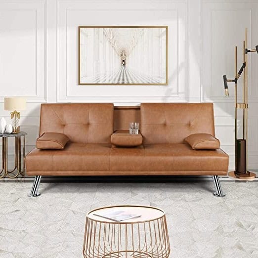 Brown Faux Leather Convertible Sofa Bed with Cup Holders - Image 2