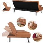 Brown Faux Leather Convertible Sofa Bed with Cup Holders