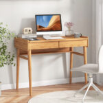 Bamboo Desk with Drawers, Shelf, and Cable Management Slot
