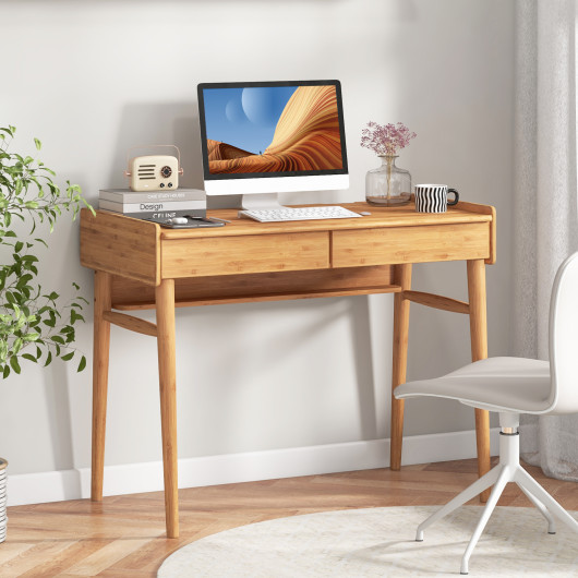 Bamboo Desk with Drawers, Shelf, and Cable Management Slot