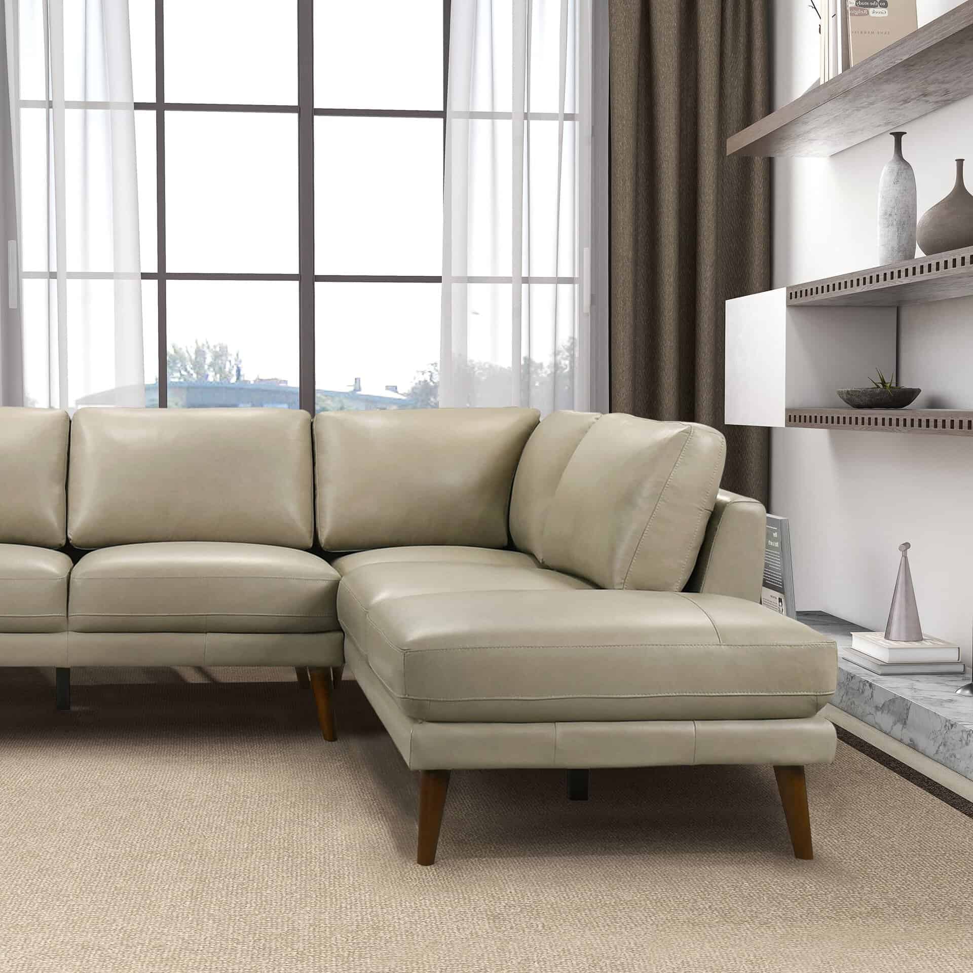 Beige Leather Sectional Sofa with Right Facing Chaise