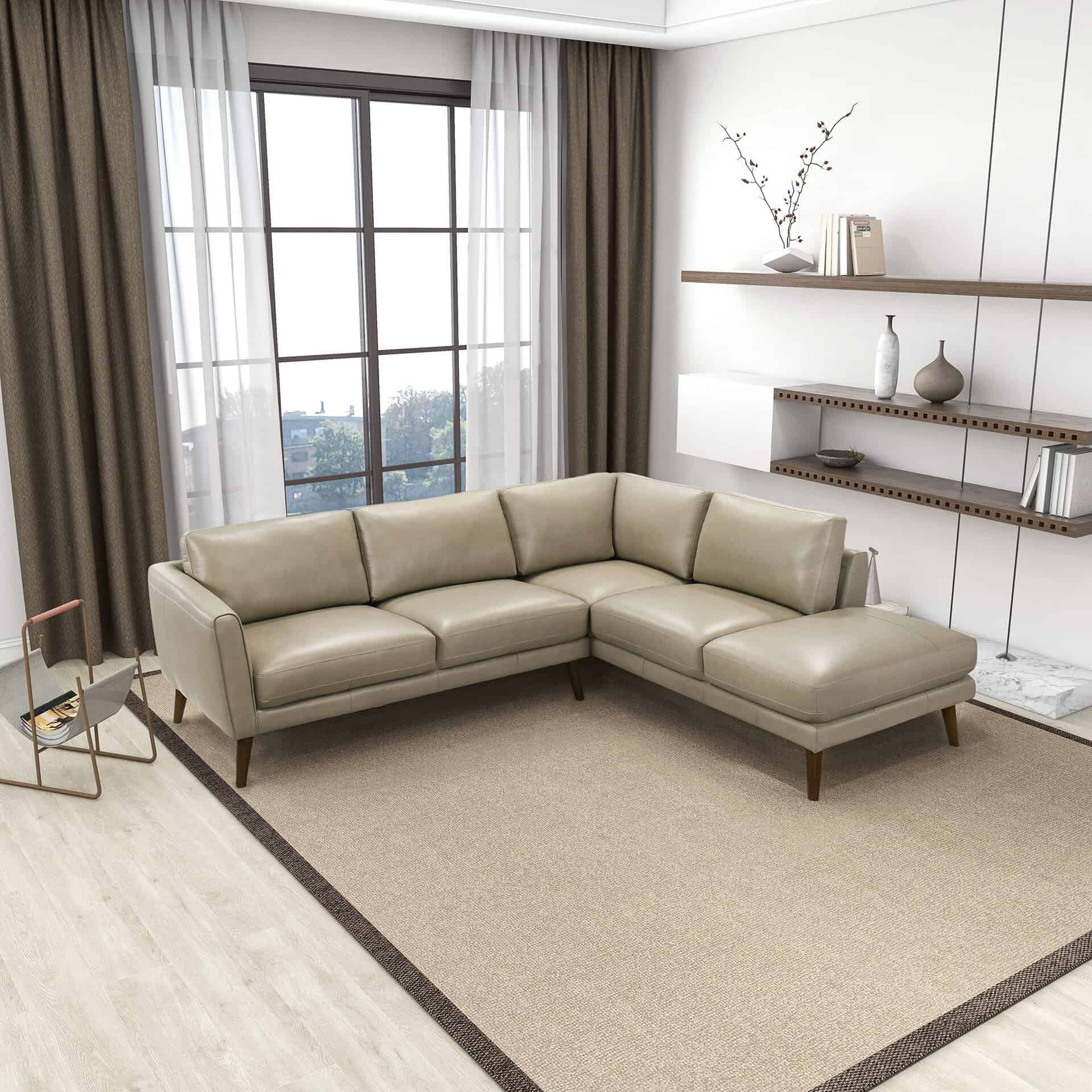 Beige Leather Sectional Sofa with Right Facing Chaise