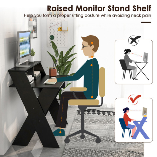 Compact Computer Desk with Drawer and Raised Monitor Shelf