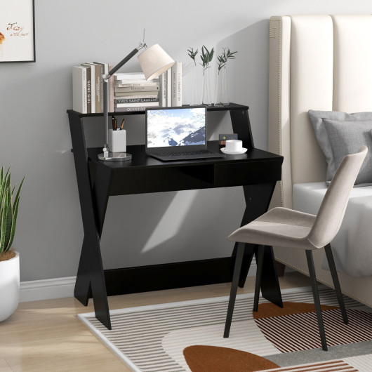 Compact Computer Desk with Drawer and Raised Monitor Shelf