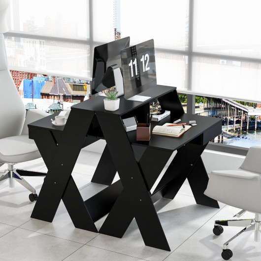 Compact Computer Desk with Drawer and Raised Monitor Shelf
