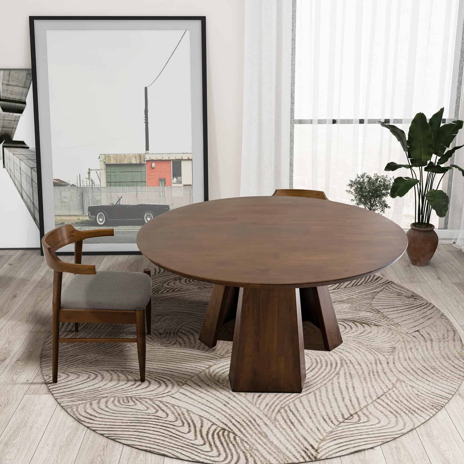 Brown Wood Round Dining Table with Pedestal Base
