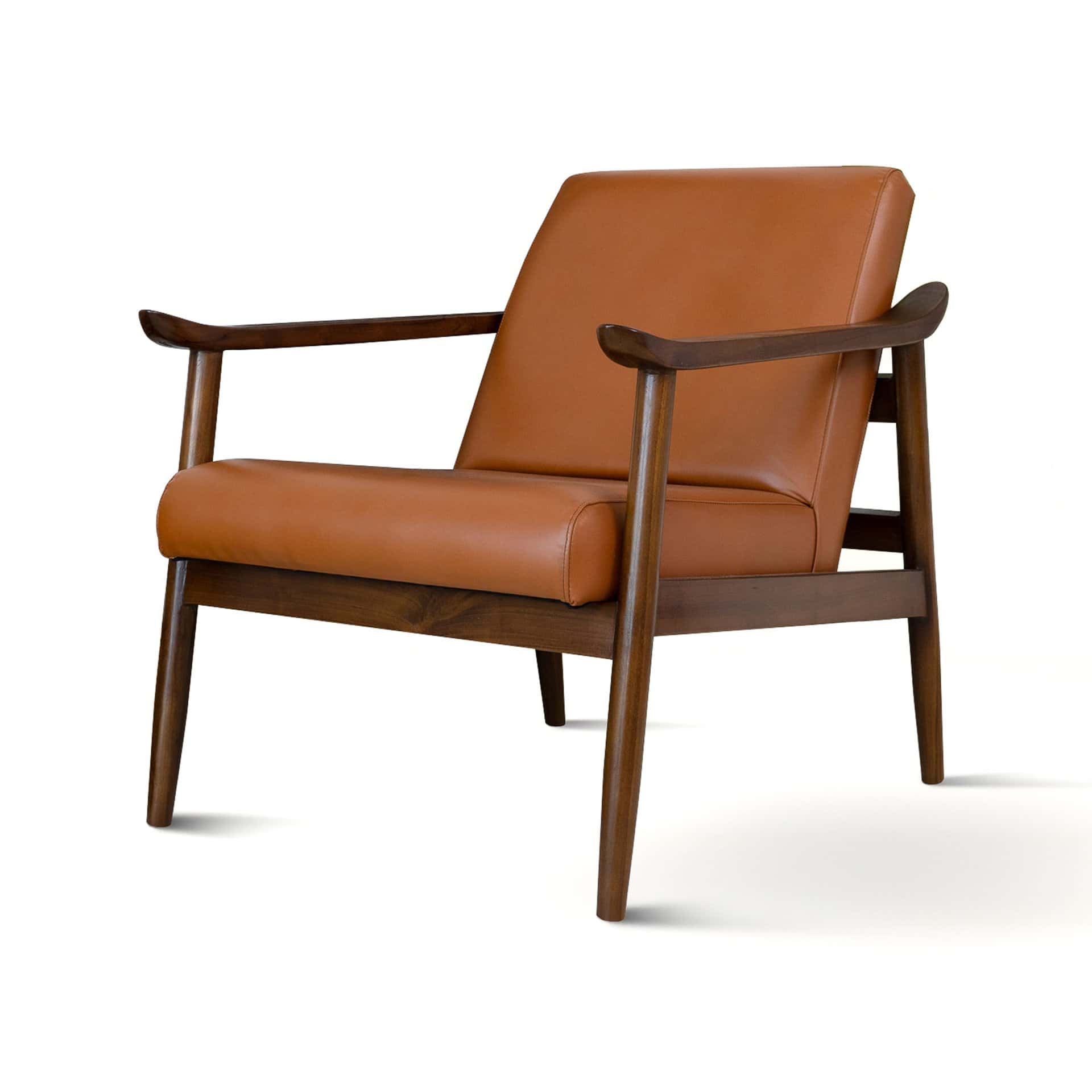 Dark Tan Leather Mid-Century Modern Lounge Chair With Rolled Arms
