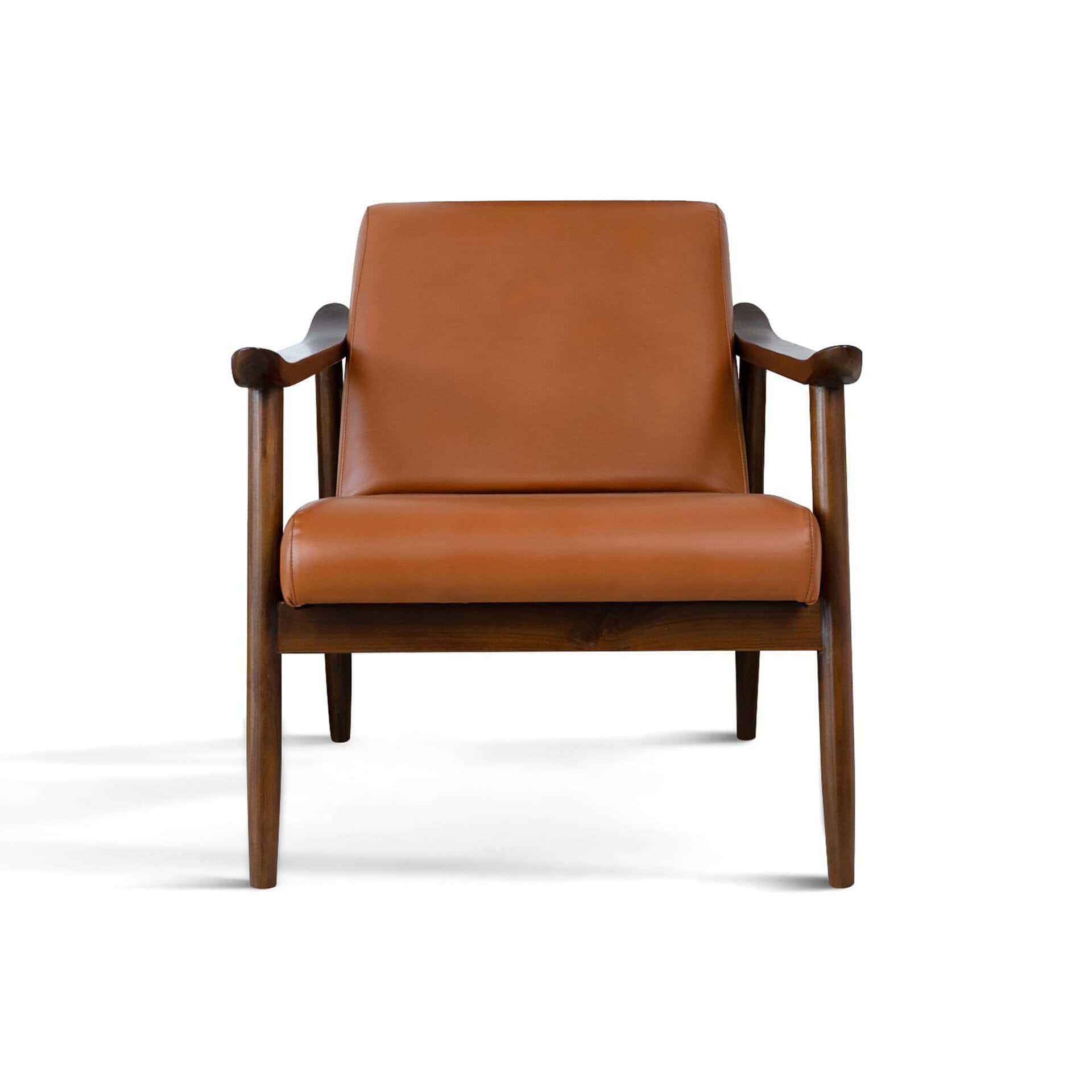 Dark Tan Leather Mid-Century Modern Lounge Chair With Rolled Arms