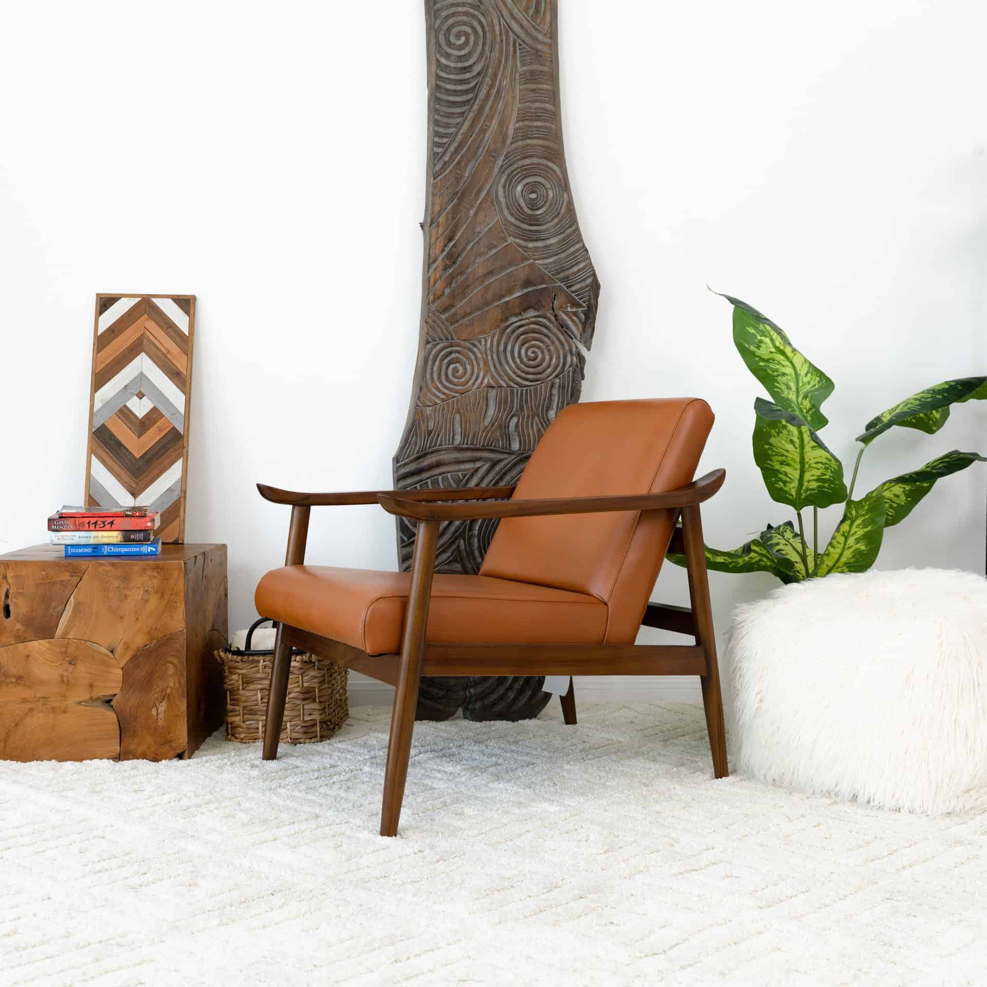 Dark Tan Leather Mid-Century Modern Lounge Chair With Rolled Arms
