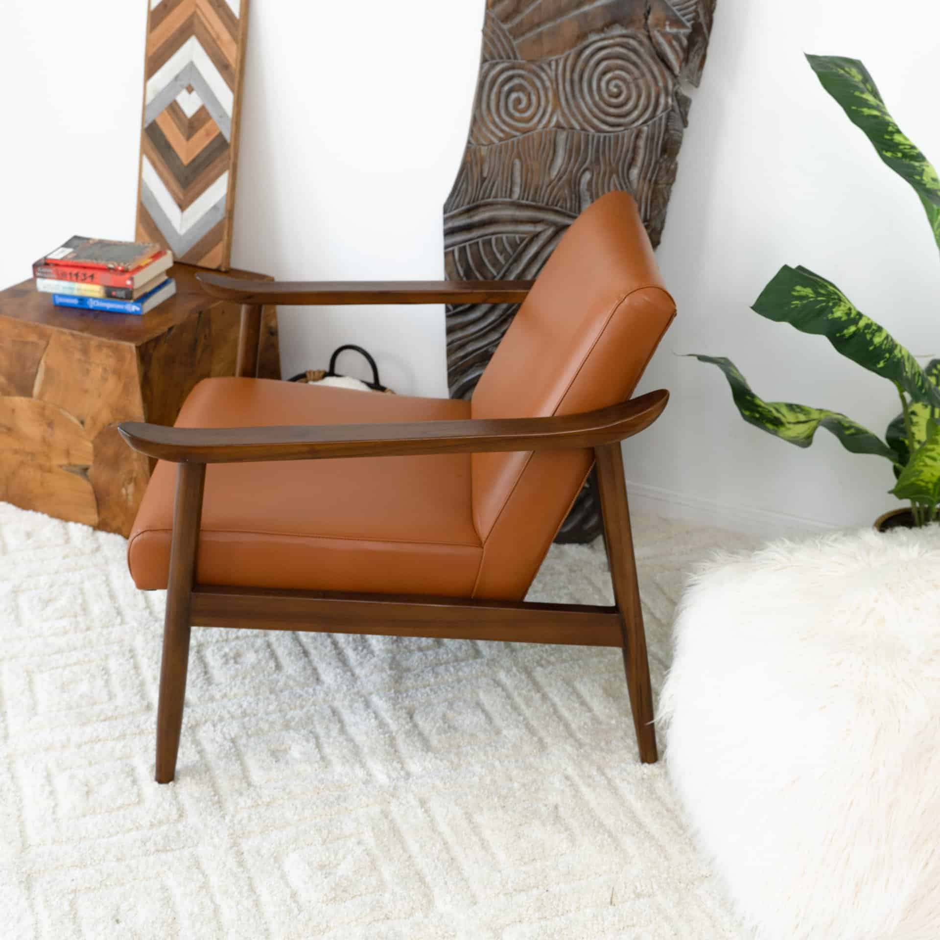 Dark Tan Leather Mid-Century Modern Lounge Chair With Rolled Arms