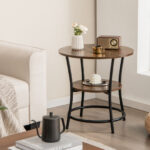 Rustic 2 Tier Round Side Table with Metal Frame