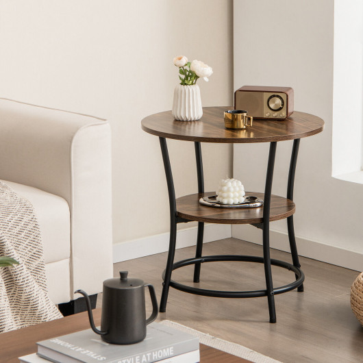 Rustic 2 Tier Round Side Table with Metal Frame