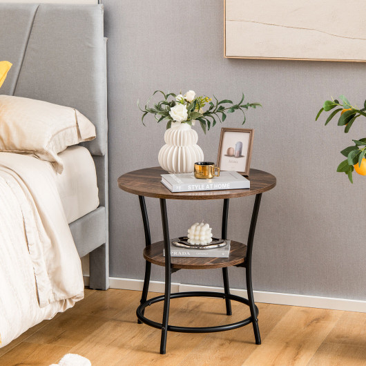 Rustic 2 Tier Round Side Table with Metal Frame - Image 2