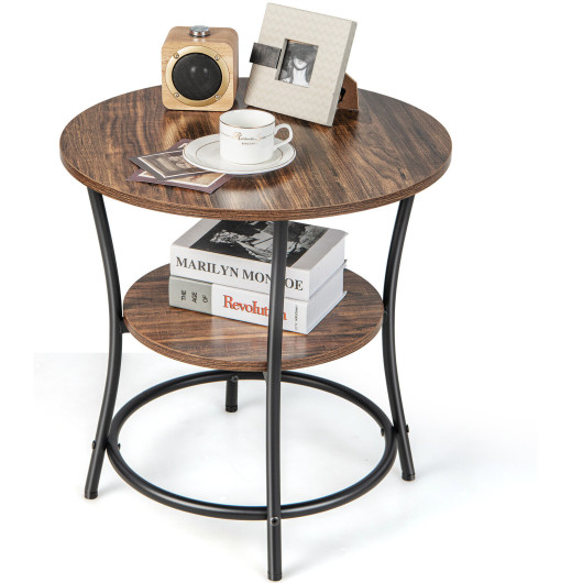 Rustic 2 Tier Round Side Table with Metal Frame - Image 3