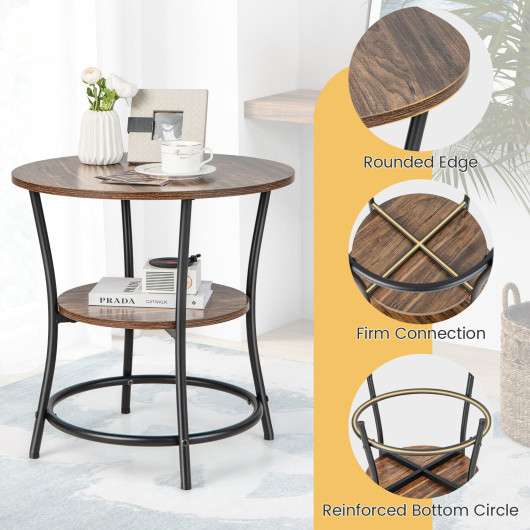 Rustic 2 Tier Round Side Table with Metal Frame - Image 6