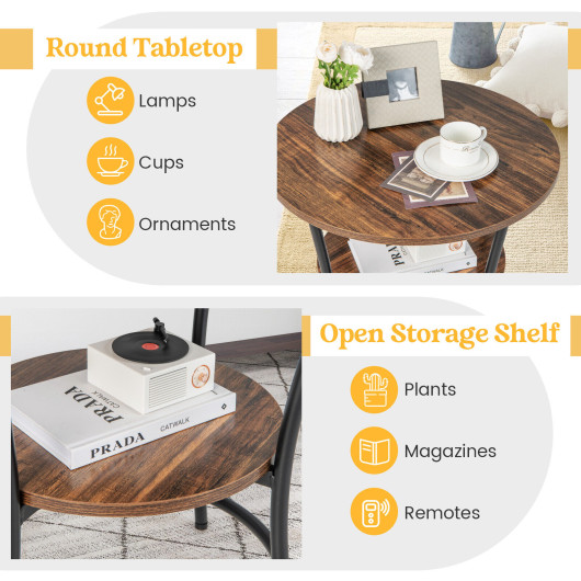 Rustic 2 Tier Round Side Table with Metal Frame - Image 7