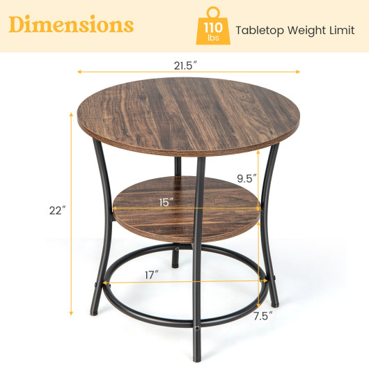 Rustic 2 Tier Round Side Table with Metal Frame - Image 5