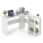 White L-Shaped Corner Desk with Shelves and Cable Holes