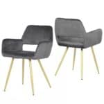 Modern Dark Grey Velvet Dining Chairs with Gold Metal Legs (Set of 2)