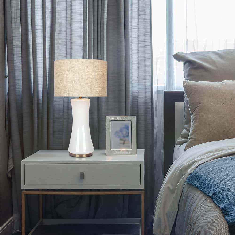 Brass Glass Table Lamp with Metal Base and Linen Shade