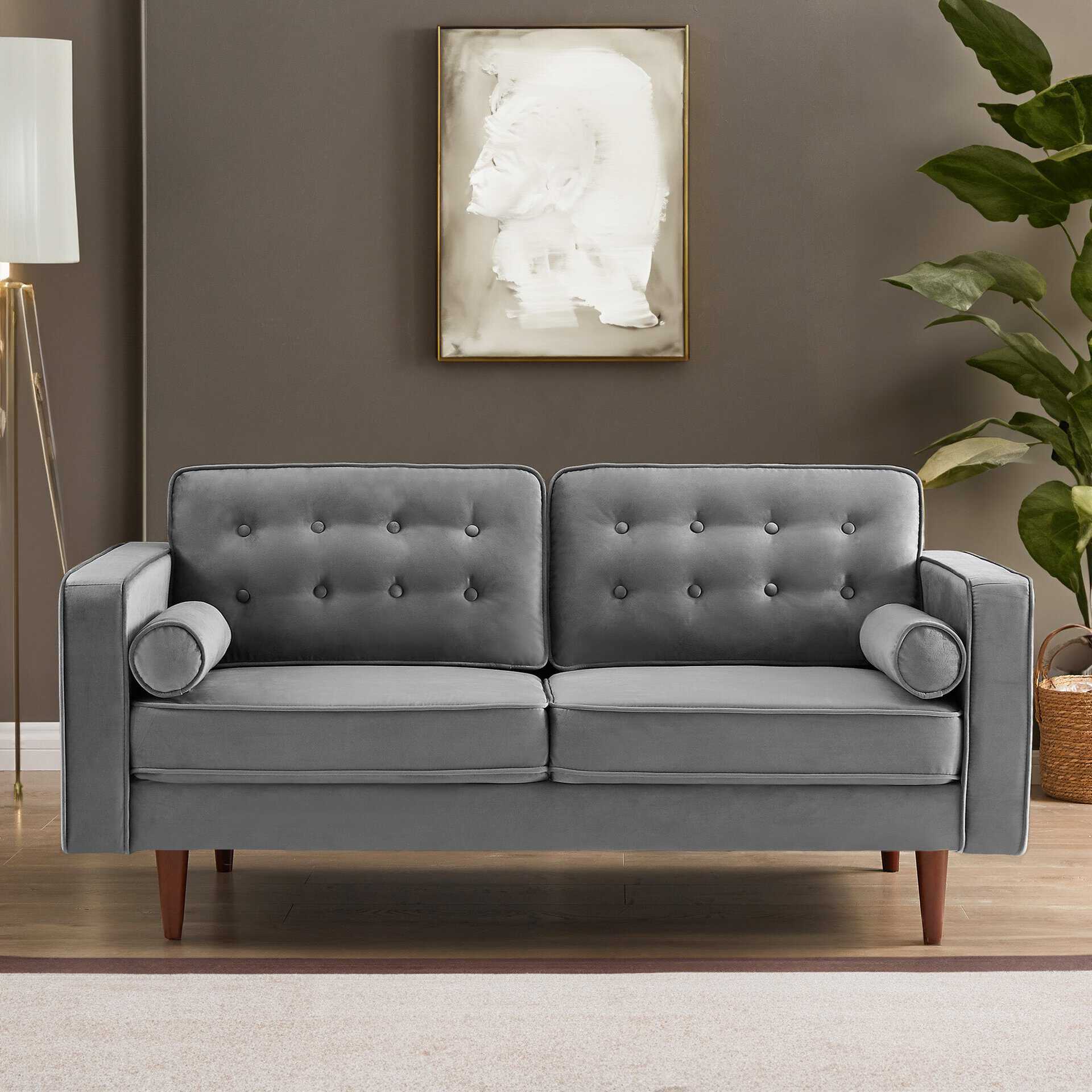 Grey Velvet Loveseat with Mid-Century Modern Design